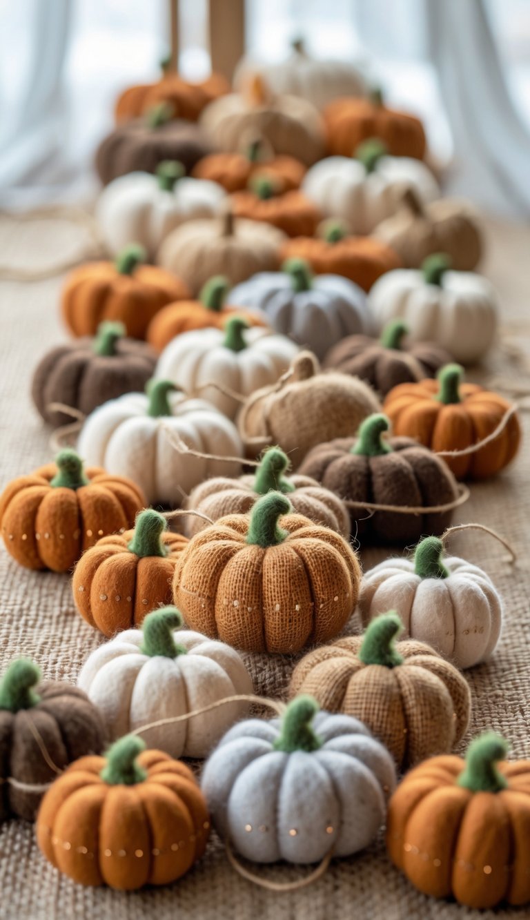 A garland of small felt and burlap pumpkins hanging on twine against a blurred background.